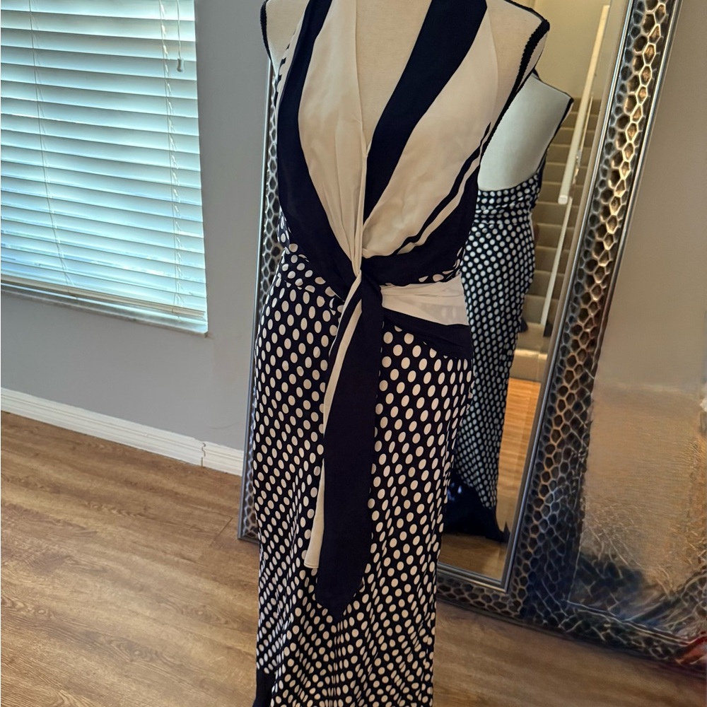 Reiss Navy Blue and White Polka Dot Backless Dress